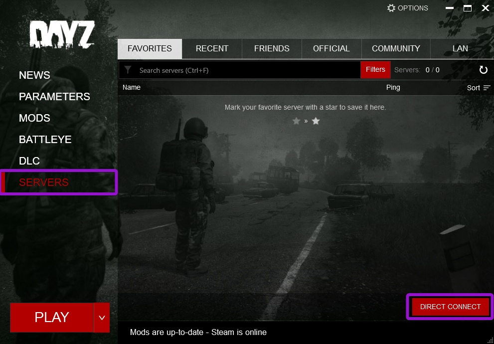 A screenshot of the DayZ client with the Direct Connect button