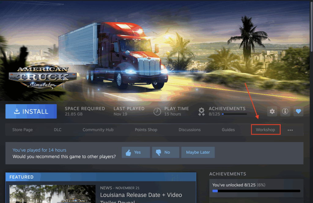 An Image pointing to Workshop button on Steam Platform