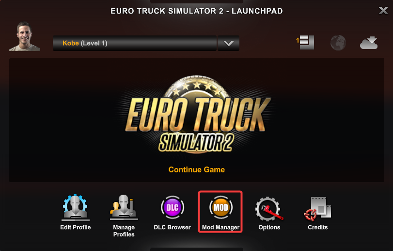 Euro Truck Simulator 2 Main Menu with Mod Manager highlighted