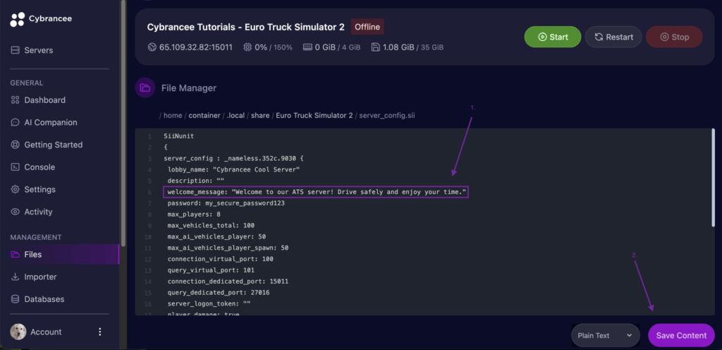 An Image of Welcome Message Settings on a Euro Truck Simulator 2 Server