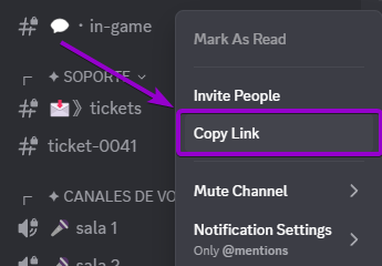Button to copy the link of a Discord channel outlined with an arrow