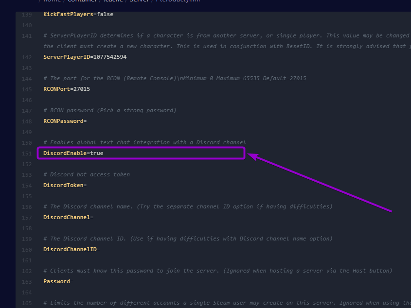 Line of discord enabled in the pterodactyl file