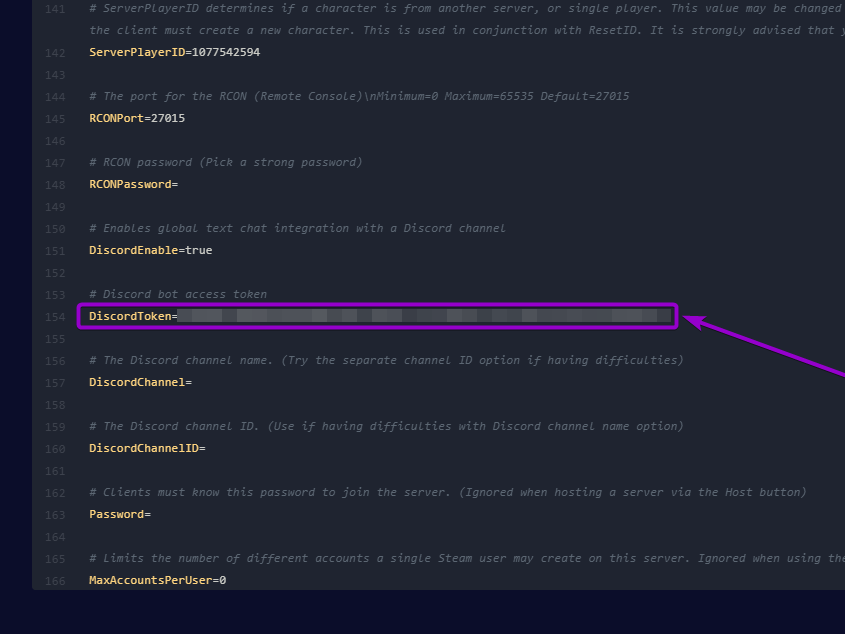 Line of discordtoken in the pterodactyl file