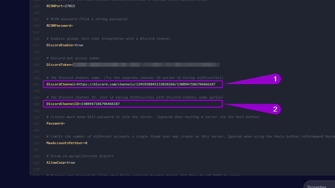 Lines with the discordchannel and discordid options in the pterodactyl file