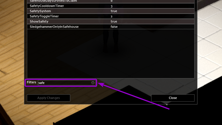 Search for safe in the filter search box