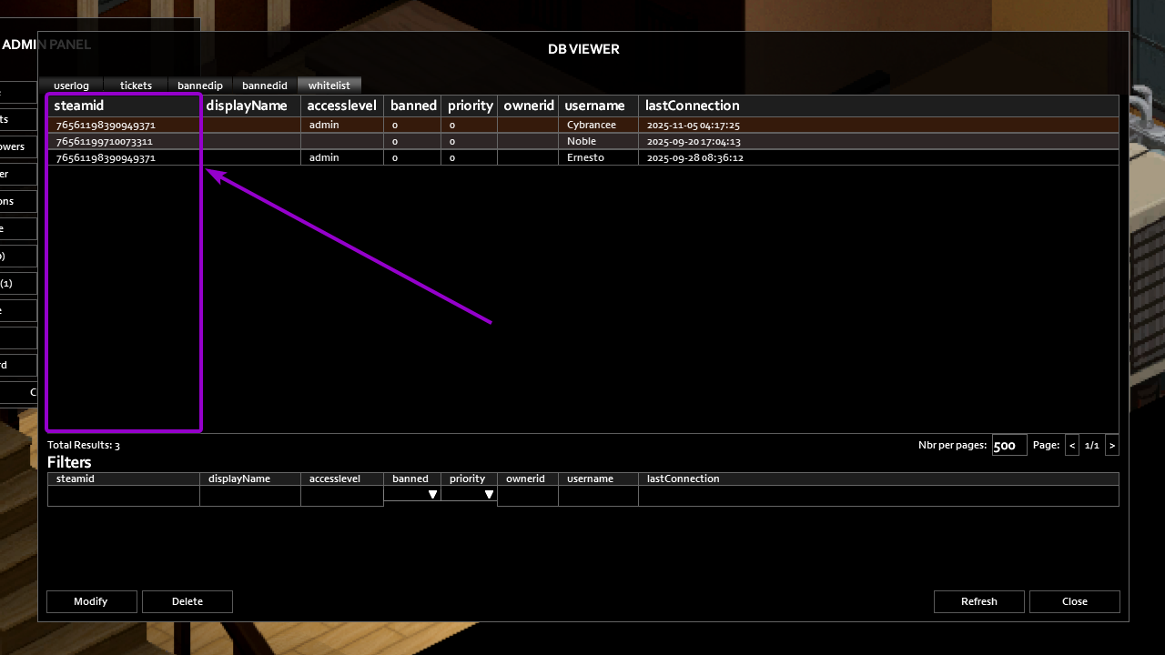 Section with the steamids in the whitelist table