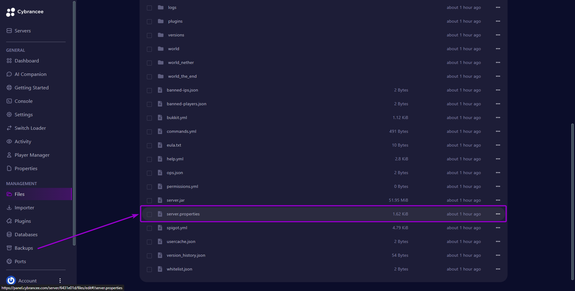 Navigating the Cybrancee file manager to find and select the server.properties file for editing