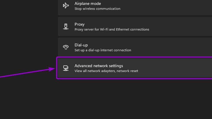 'Advanced network settings' section outlined with arrow