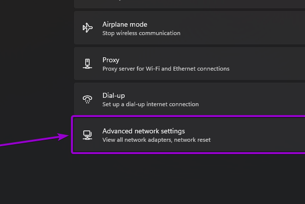 'Advanced network settings' section outlined with arrow