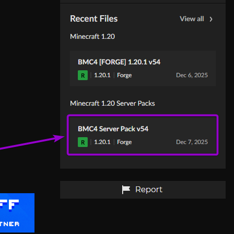 'BetterMC' modpack file version for servers outlined with arrow