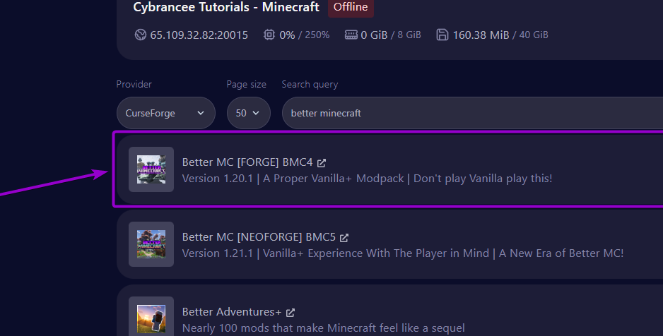 'BetterMC' modpack in the list outlined with arrow