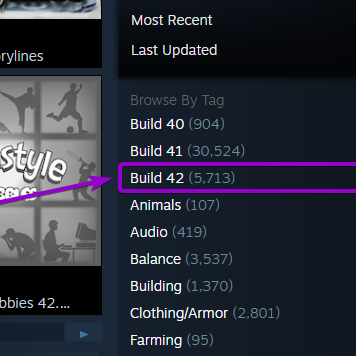 'Build 42' tab outlined with arrow