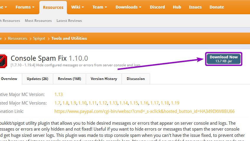 'Console Spam Fix' plugin download button outlined with arrow