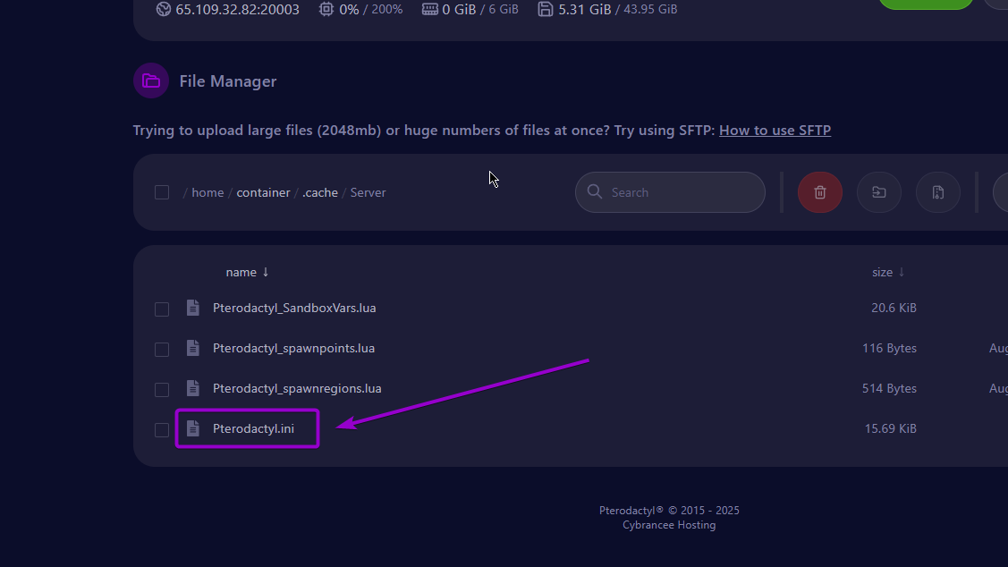 Cybrancee Panel Files Tab Pterodactyl file Project Zomboid Server