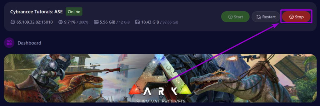 Cybrancee Ark SE Server Dahboard Stop Button Outlined