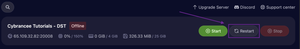 Cybrancee Dont Starve Together Server Dashboard with Restart Button Outlined