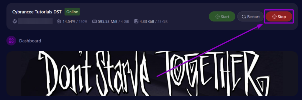 Cybrancee Dont Starve Together Server Dashboard Stop Button Outlined