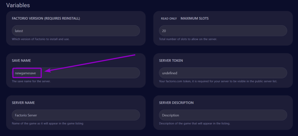 Cybrancee Factoria Server Startup Tab Save Name Field Outlined