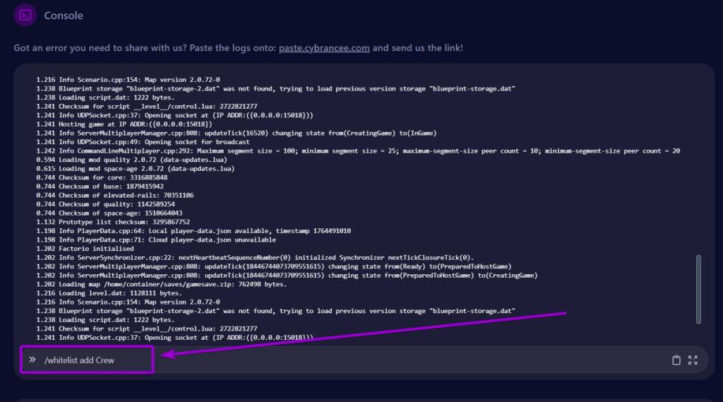Cybrancee Factorio Server Console Tab Whitelist Command Outlined