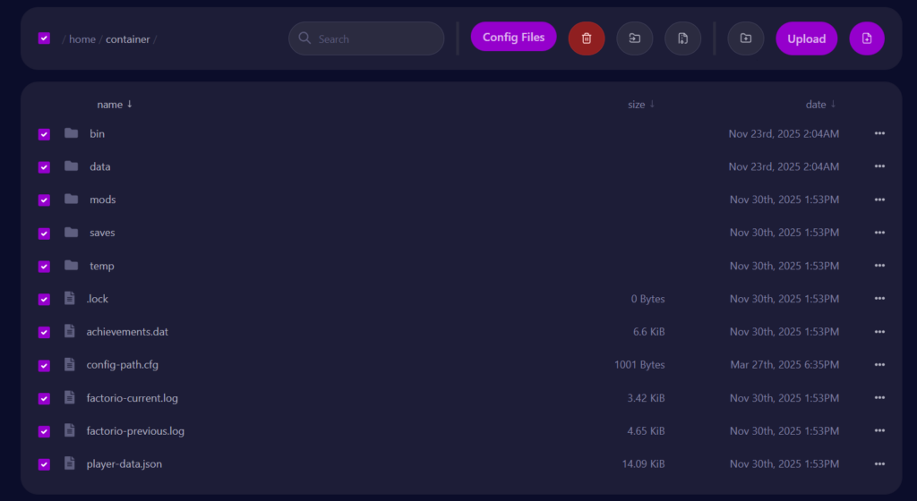 Cybrancee Factorio Server Files Tab All Files Selected