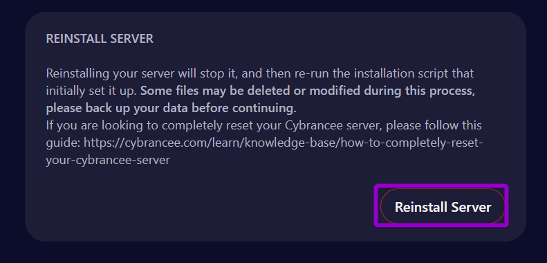 Cybrancee Factorio Server Settings Reinstall Server Button Outlined