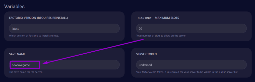 Cybrancee Factorio Server Startup Save Game Name Outlined