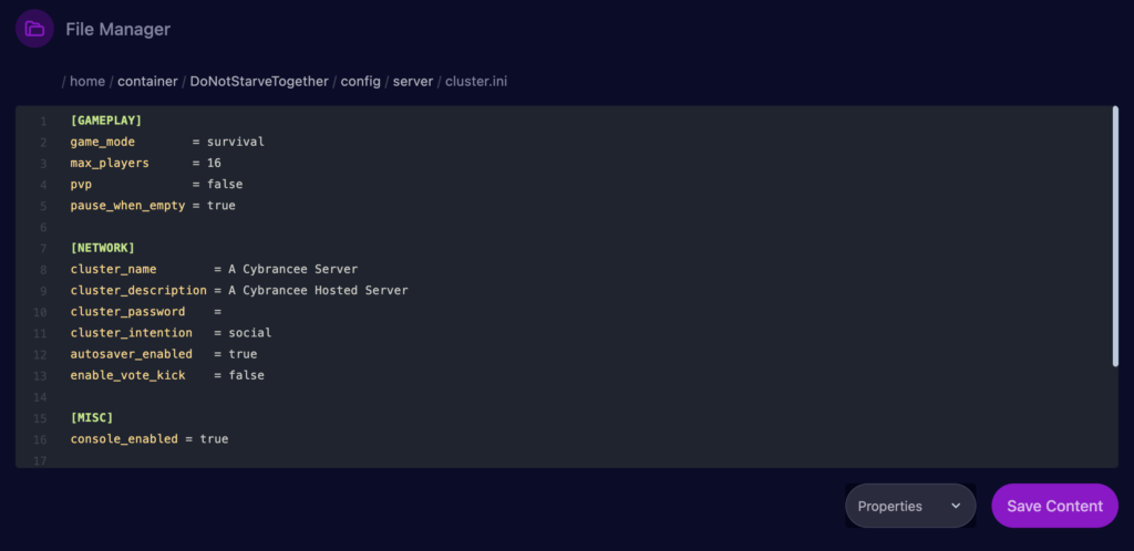 Cybrancee File Manager displaying the cluster.ini configuration file for a Don't Starve Together server.