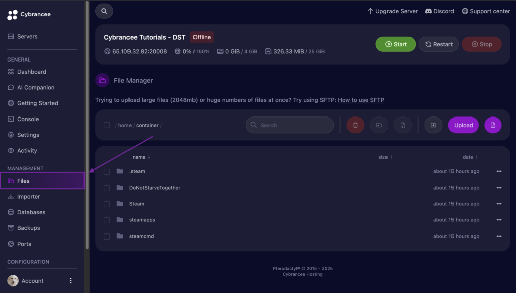 Cybrancee Panel with Files Tab Highlighted on a Don't Starve Together Server.