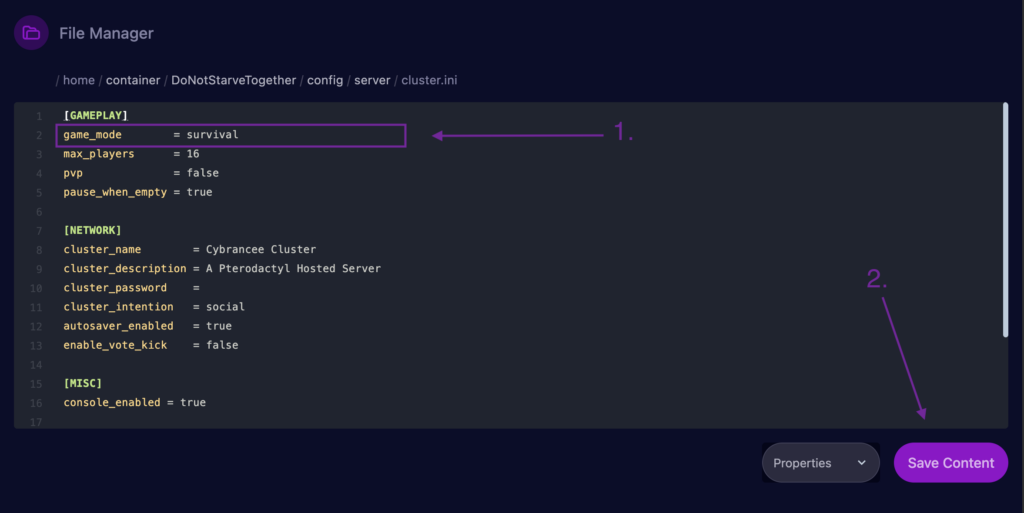 Cybrancee File Manager displaying game_mode setting With Save button highlighted.