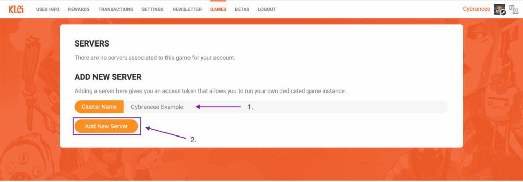 Klei Account Servers page with the 'Add New Server' button and cluster name field highlighted.