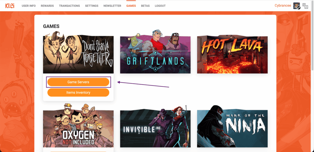 Klei Account Games page with the 'Game Servers' button highlighted under Don't Starve Together.