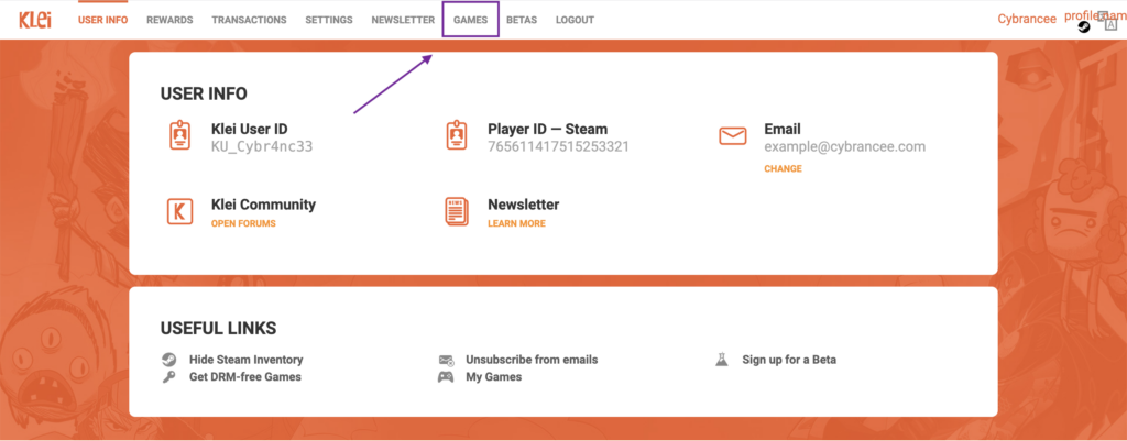 Klei Account User Info page with the 'Games' tab highlighted in the navigation menu.
