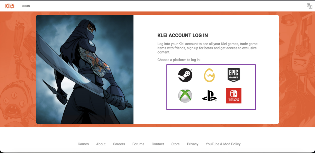 Klei Account login page with available login platforms highlighted