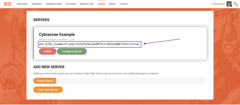Klei Account Servers page with the generated Don't Starve Together server token highlighted.