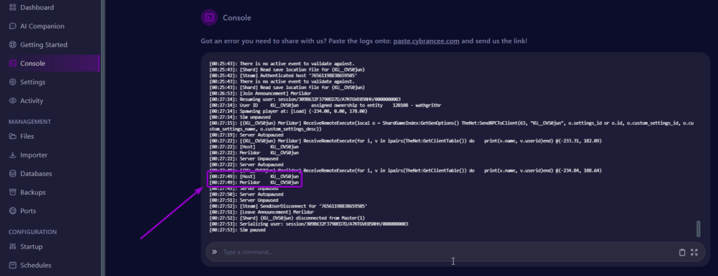 Checking the console for players Id's
