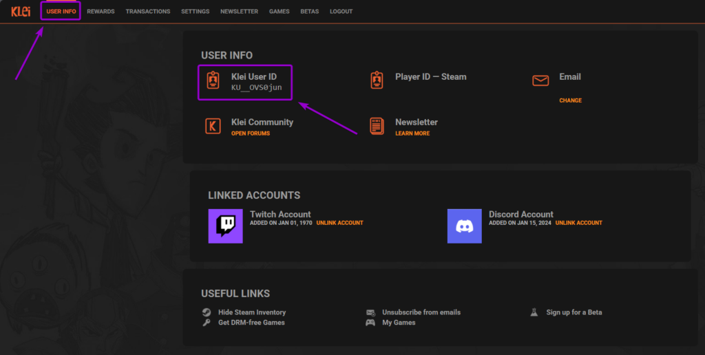 Klei Account Info with Klei ID of account you are logged into