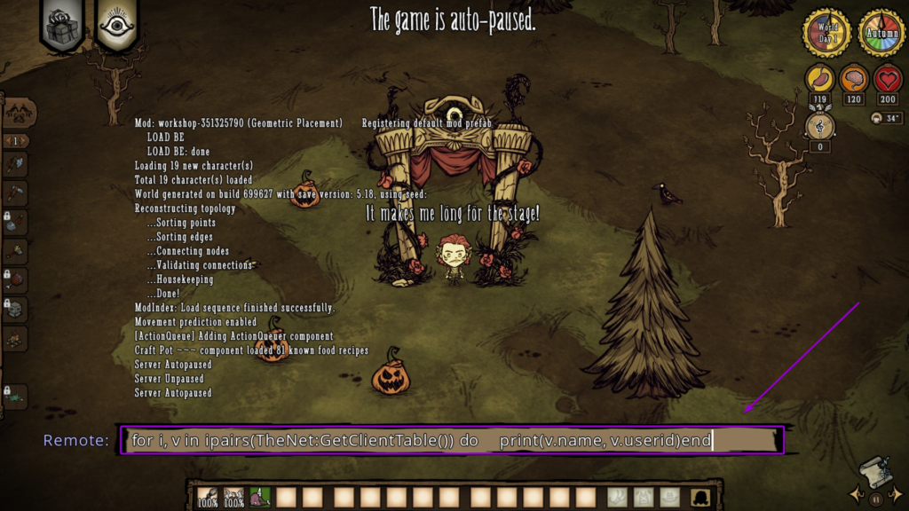 Typing command in-game to get all current players id's in console