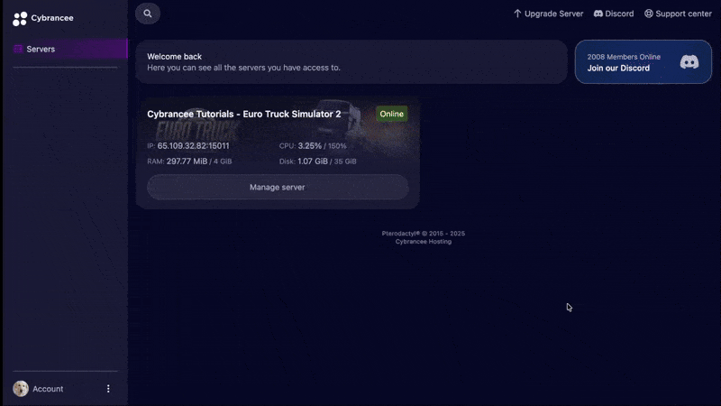 GIF of the Cybrancee Panel with the Euro Truck Simulator 2 Files Folder Open