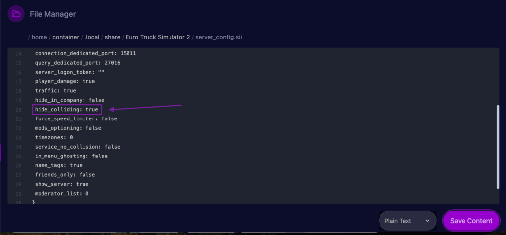 An Image of the Cybrancee File Manager editor displaying the server_config.sii file for a Euro Truck Simulator 2 server, with the anti-collision parameter highlighted.
