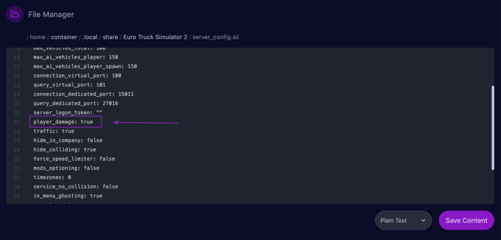 Cybrancee Panel showing the Server Config with the player_damage setting outlined.