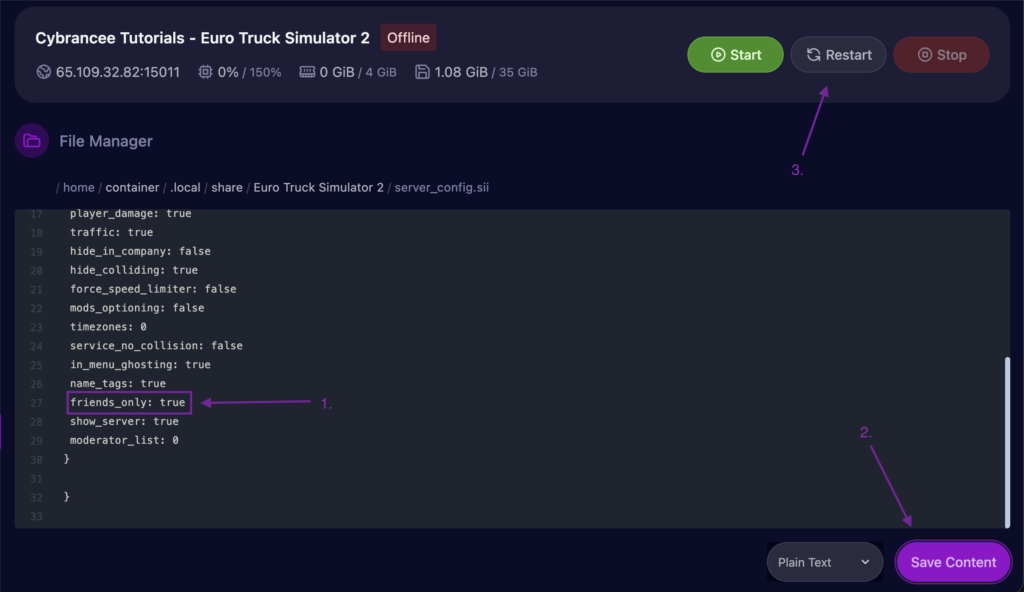An Image of the Cybrancee File Manager editor highlighting instructions for saving friends_only modifications on a Euro Truck Simulator 2 Server.