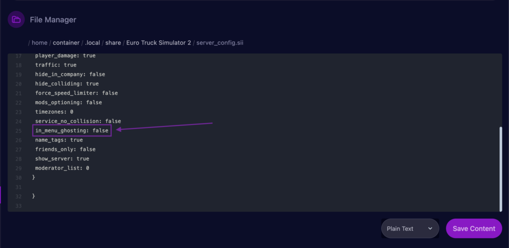 Cybrancee Panel displaying the In_Menu_Ghosting setting in a Euro Truck Simulator 2 Server