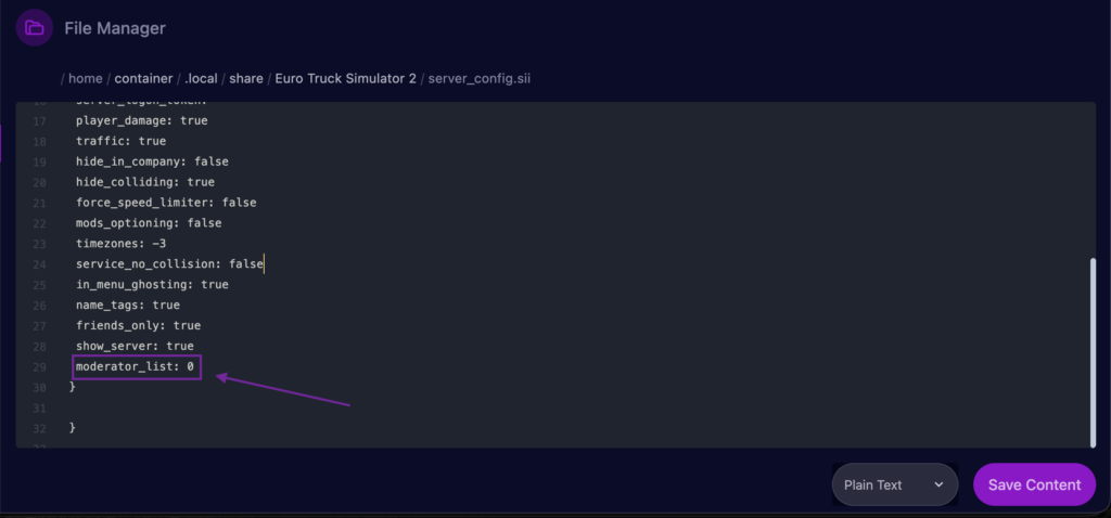 Cybrancee Panel Euro Truck Simulator 2 server config tab with the moderator list setting outlined.