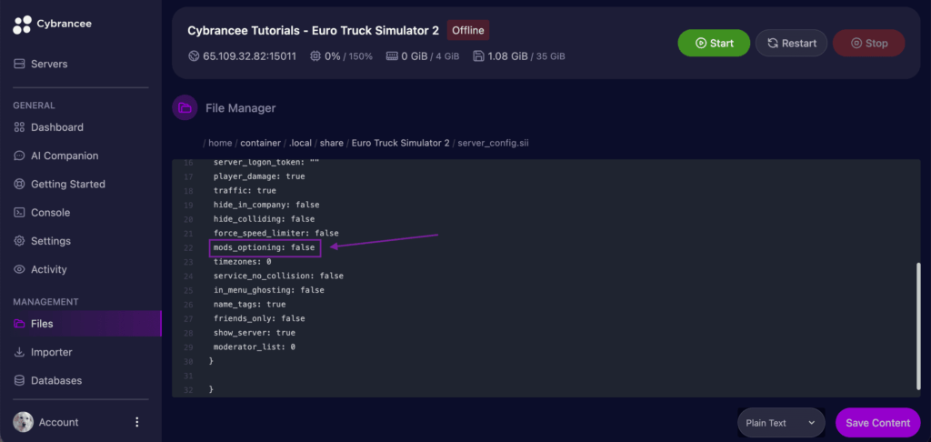 Cybrancee Panel editor highlighting the mods_optioning parameter in the server_config.sii file
