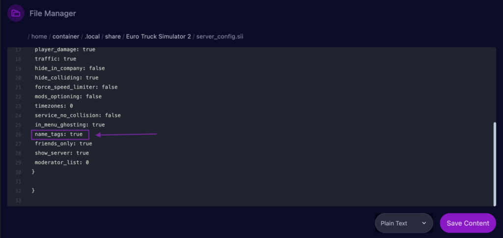 Cybrancee panel file manager editor with the name_tags setting outlined in the config file.