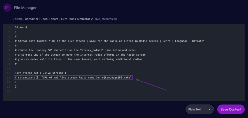 Cybrancee File Manager editor highlighting live radios setting.
