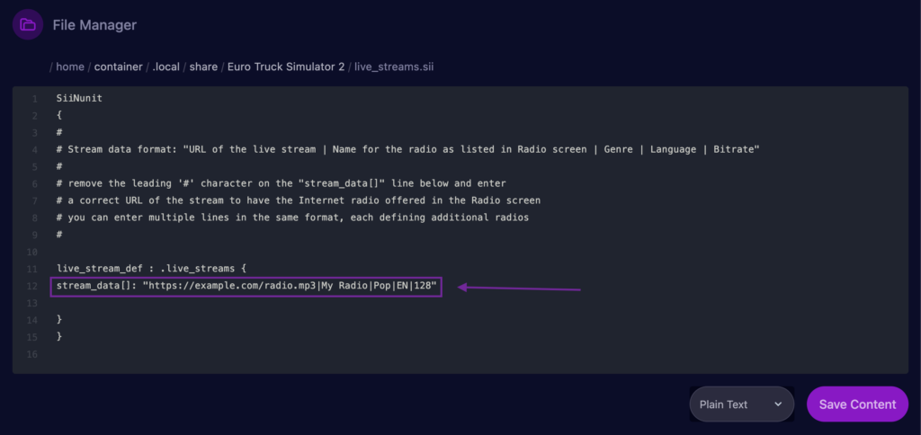 Cybrancee File Manager editor highlighting a example of live radios setting