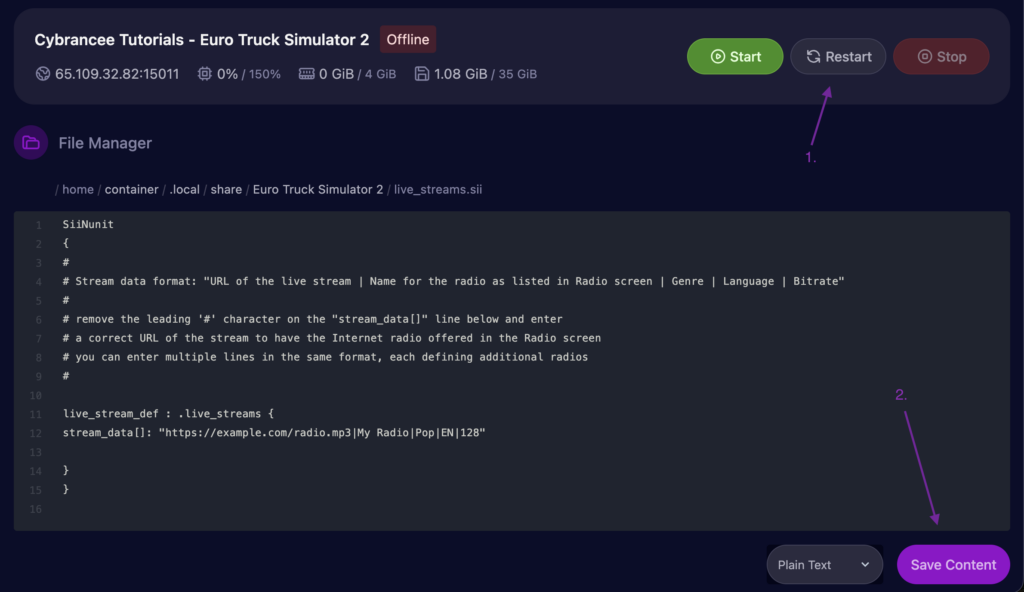 Cybrancee server panel with the “Restart” button outlined to apply changes on Euro Truck Simulator 2 Server.