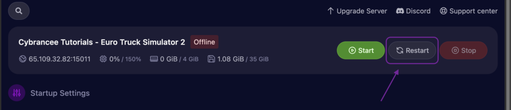 An image of a Euro Truck Simulator 2 Server on Cybrancee Panel Highlighting Restart Button.