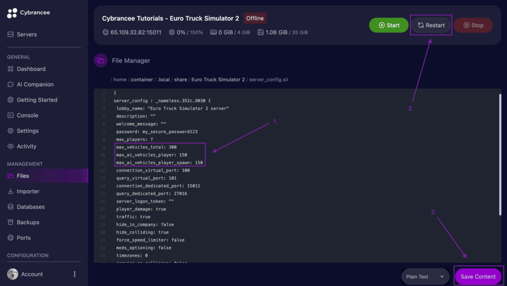 Cybrancee Panel with steps to edit the Traffic Load parameter and apply changes by saving and restarting the Euro Truck Simulator 2 server.
